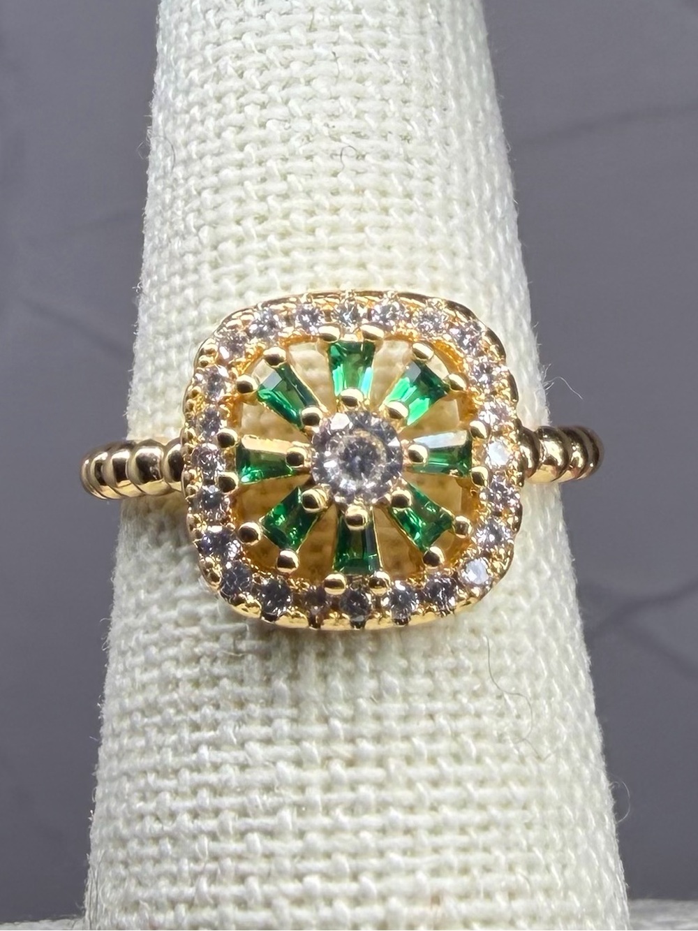 Adjustable 18K Gold-Plated Ring with Green Baguette CZ Halo Clear CZ GP NEW